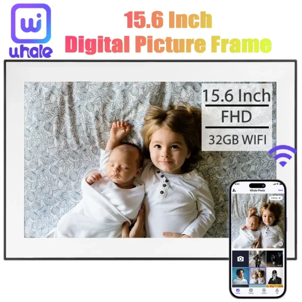 15.6 Inch Digital Photo Frame Smart WIFI Digital Picture Frames 32GB Storage 1920*1080 IPS FHD Touch Large Screen Auto-Rotate